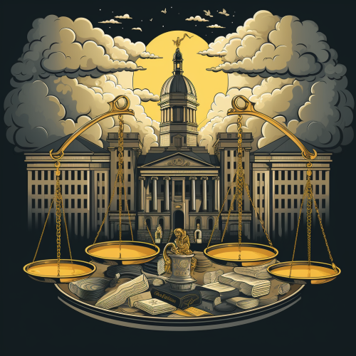 Courthouse with balance scale and real estate symbolism