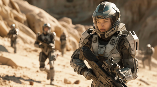 Kenzie Dalton leading sci-fi soldiers in battle Kenzie Dalton leading sci-fi soldiers in battle