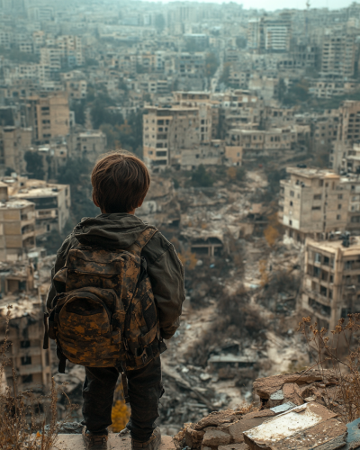 kid gazes at fading cityscape through camera lens.