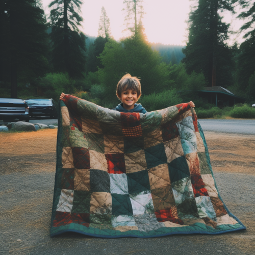Child camping with a large quilt