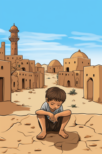 Cartoon of a kid squatting in a desert old town