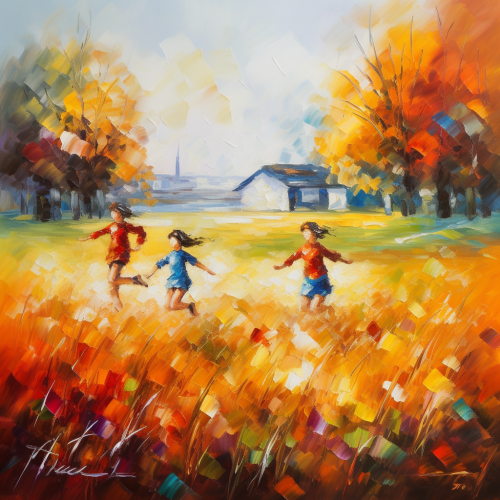 Kids running in field painting Kids running in field painting