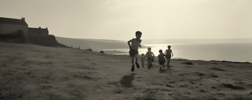 Children running up hill on a beach
