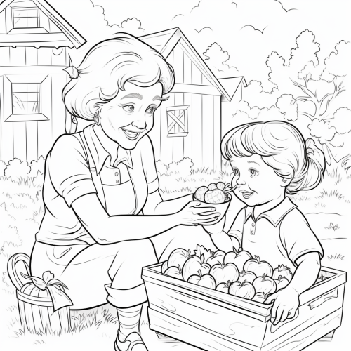 Coloring Page of Kind Grandmother Teaching Granddaughter to Pick Strawberries