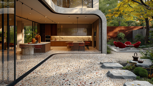 Terrazzo floor and stainless steel benchtops in kitchen