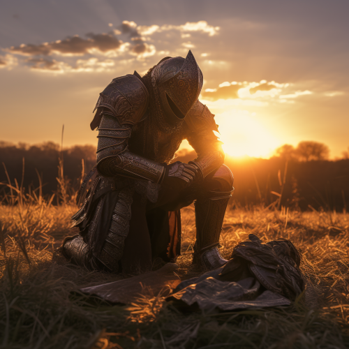 Knight in Full Plate Armor Kneeling during Golden Hour