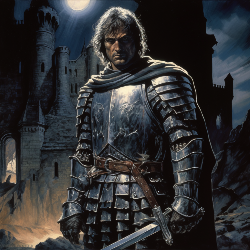 Knight in Rusty Armor Holding Sword in Castle Ruins