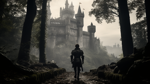 Knight walking to forest from castle