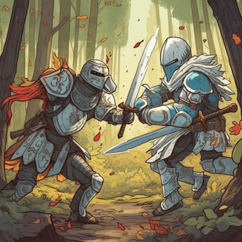 Knights in Ghibli-style fighting scene Knights in Ghibli-style fighting scene