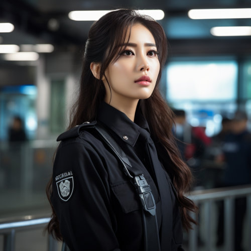 Beautiful Korean policewoman in gloves waiting at hospital