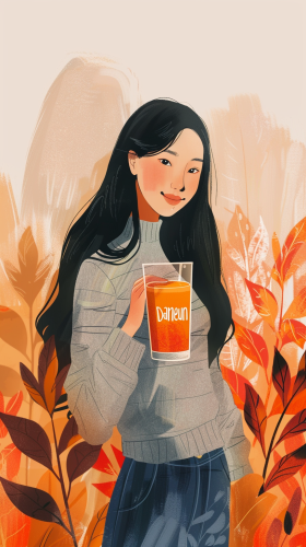 Korean mother holding pumpkin juice glass