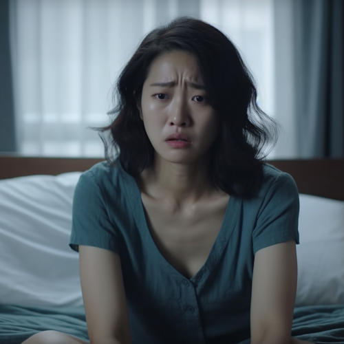 Sad Korean Office Woman Crying on Bed