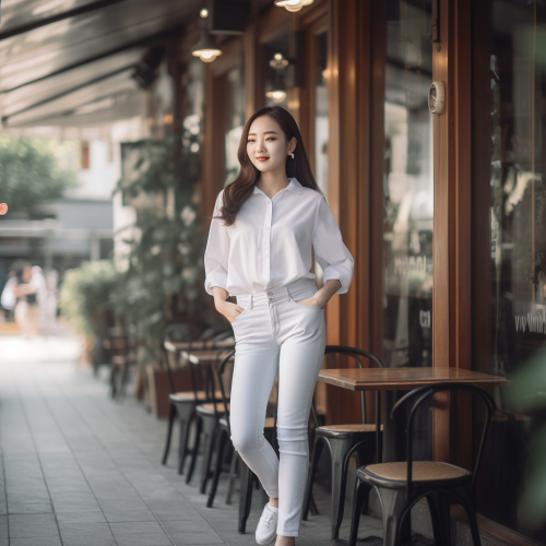 Pretty Korean woman walking in front of city cafe