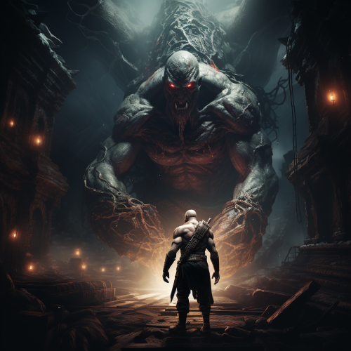 Kratos facing giant monster with glowing eyes