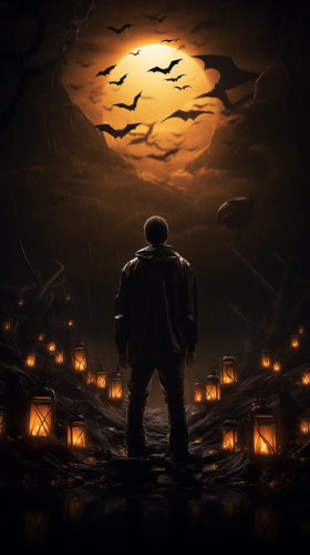 Scary Night Scene with Lantern Pumpkin Man