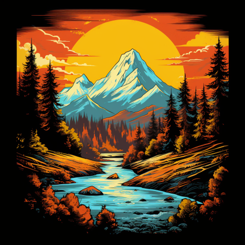 Retro mountain landscape with trees, tents, and river