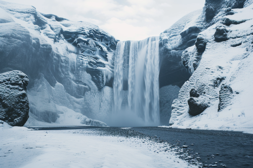 Large waterfall on snowy mountain