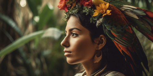 Smiling Latina woman with plants and birds on her head