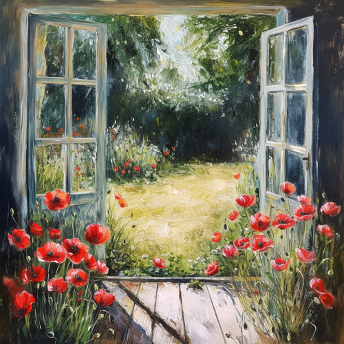 Red Poppies on Lawn Window Red Poppies on Lawn Window