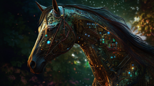 Harmony and Unity: Leader touching horse's mane in lush landscape Harmony and Unity: Leader touching horse's mane in lush landscape