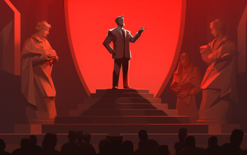 Leader giving speech on minimalist sculpture backdrop