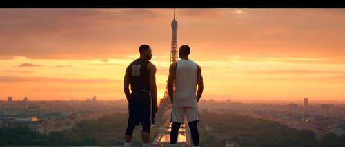 LeBron James and Stephen Curry admiring Eiffel Tower at sunset