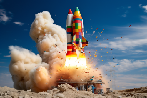 Colorful Lego Rocket Launching into Space