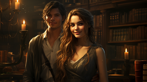 Smiling couple in library illustration