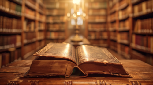 lone reader in dramatic library with aged book