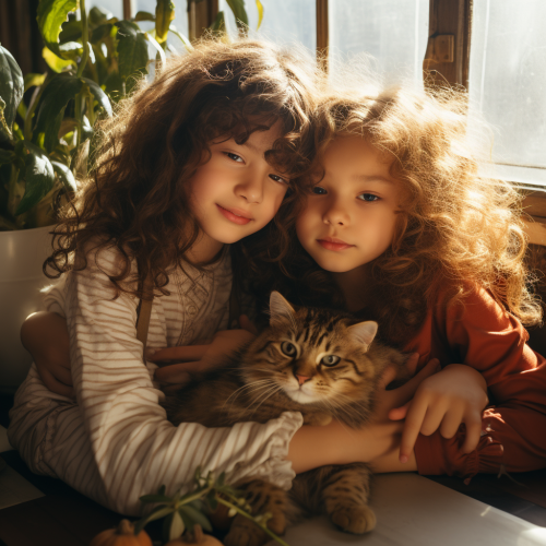 Asian lesbian couple and child hugging in botanical room