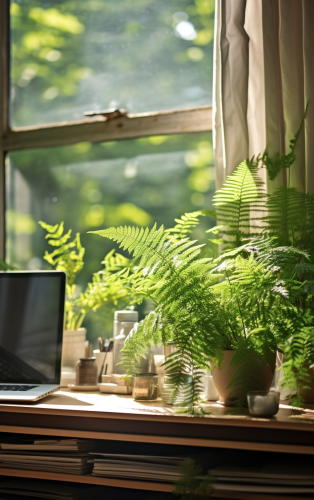 Desk in Beautiful Light-Filled Room with Green Ferns