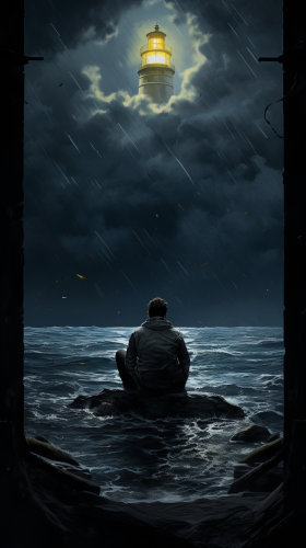 Enchanting lighthouse gazing into dark moonlit horizon Enchanting lighthouse gazing into dark moonlit horizon