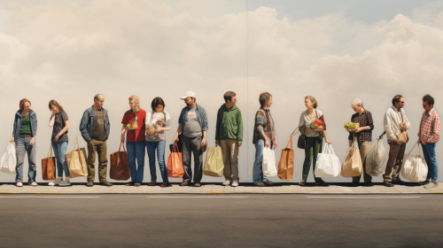 People connecting through Aldi groceries bags