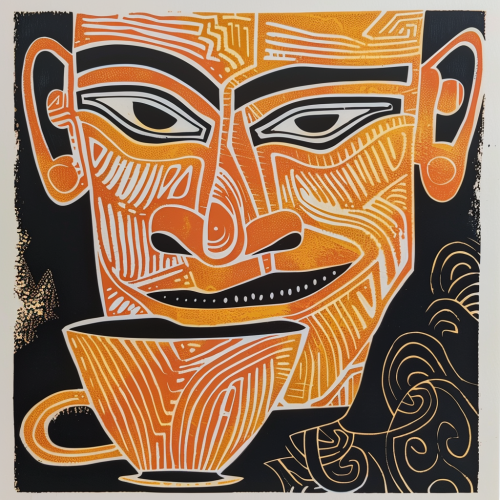 Linocut coffee identity artwork with 5 colors Linocut coffee identity artwork with 5 colors