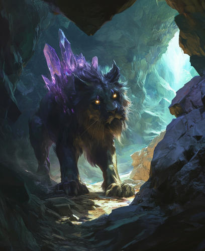 Half lion, half bat creature with purple crystals in moody cave Half lion, half bat creature with purple crystals in moody cave