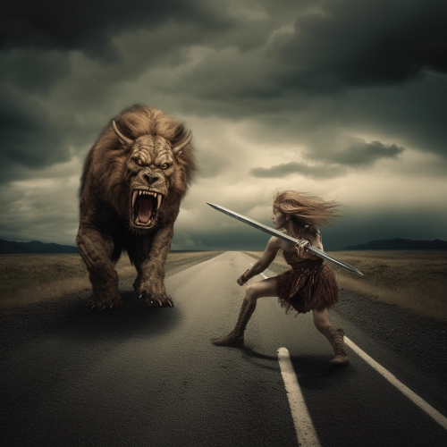 Fierce lion humanoid swinging halberd