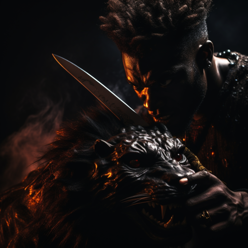 Silhouette of a Powerful Lion-Man surrounded by Flying Knives