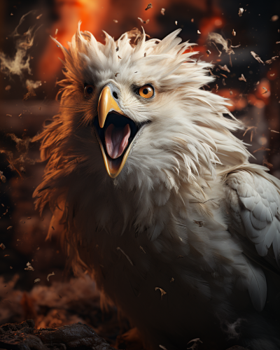 A realistic lion fighting against a white-feathered swallow