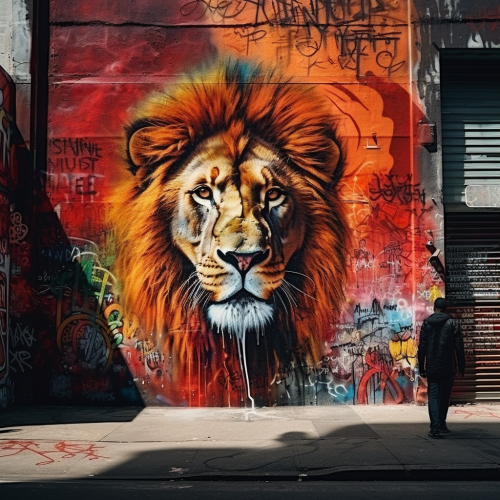 Vibrant Lion Graffiti on City Wall