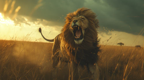 Lion Roaring in Savanna