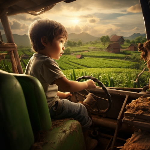 Little Boy in Truck on Green Farm