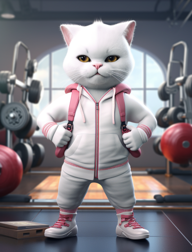 Little cat in tracksuit lifting weights