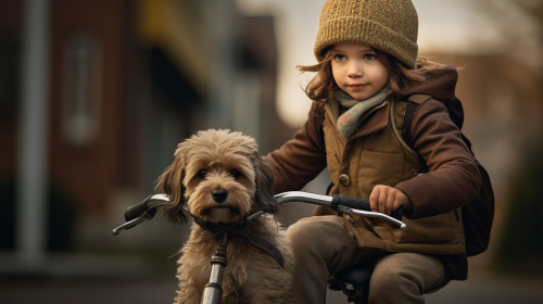 Young girl riding bike with her dog