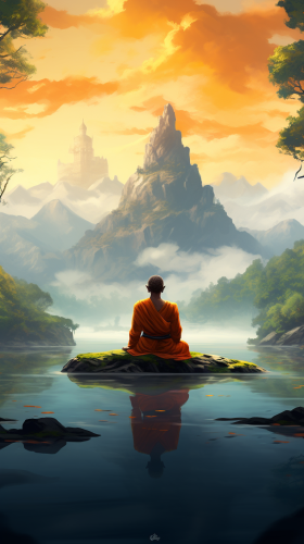 Little monk meditating in serene nature