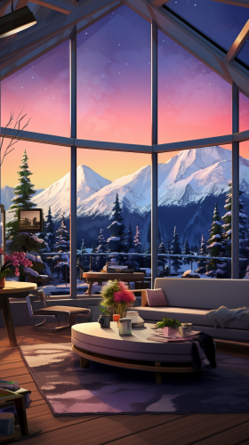 Living room with snowy mountains view