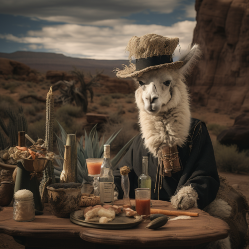 Llama relaxing with whiskey and hat