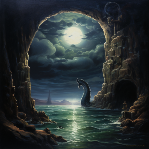 Loch Ness Monster emerging from cave