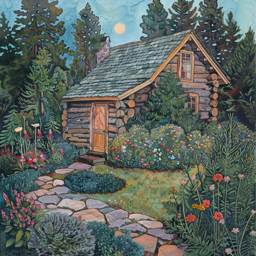Log cabin with flowers painting