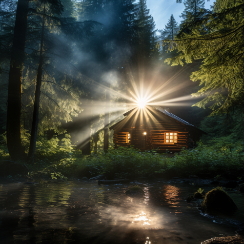 Log cabin in forest with bright light Log cabin in forest with bright light