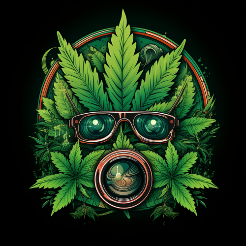 Logo with binoculars and cannabis leaf reflections